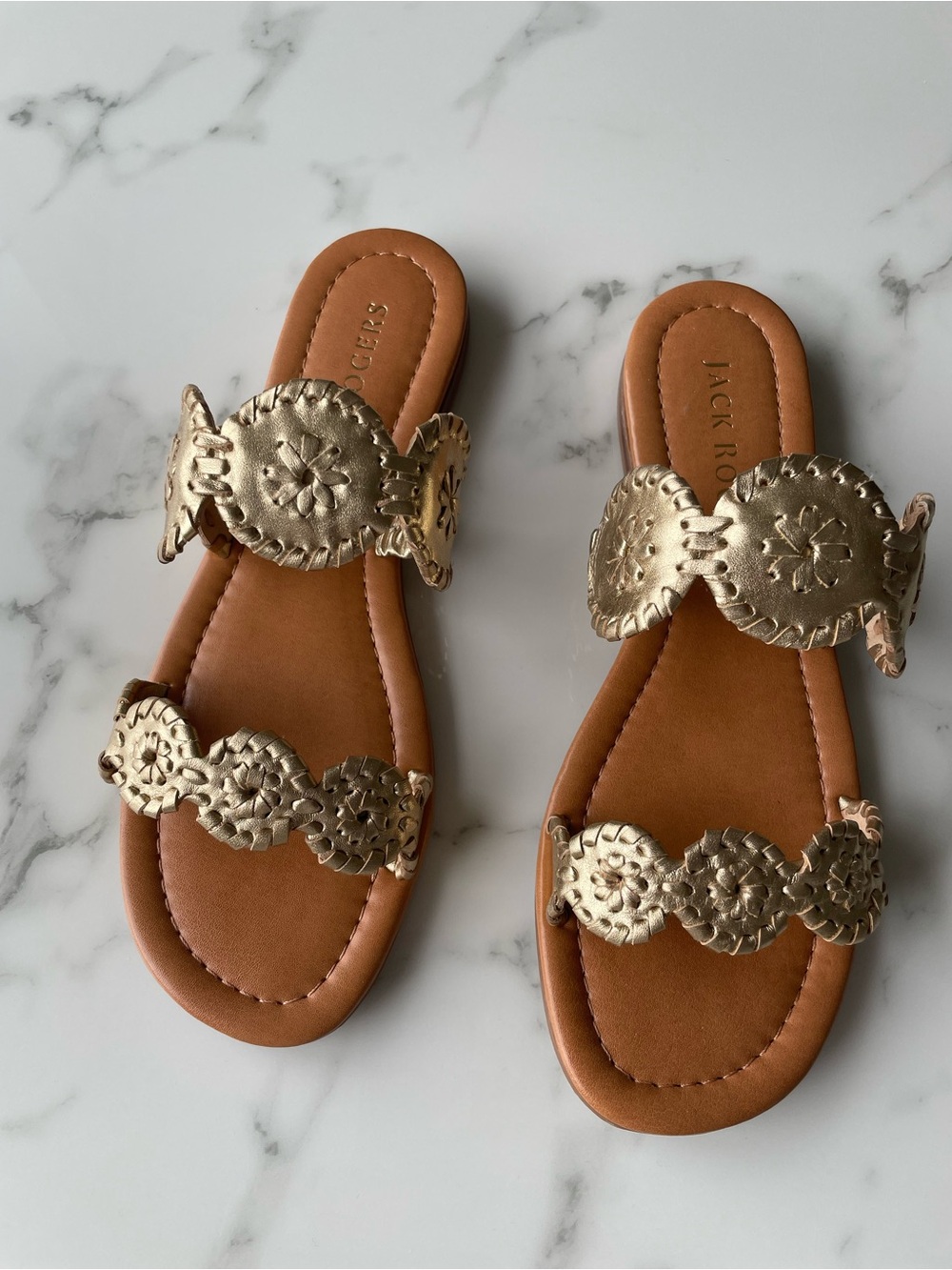 Jack Rogers Laurin II Gold Leather Sandals Flat NEW